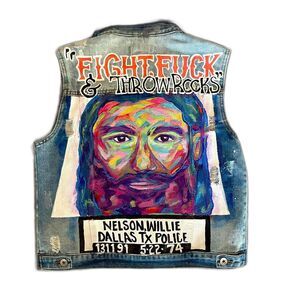 Hand painted Willie Nelson (1974 mugshot) Pop Art Style Denim Vest